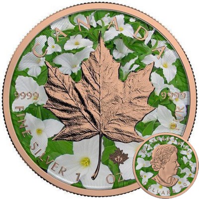 Canada CANADIAN FLOWERS Canadian Maple Leaf series THEMATIC DESIGN $5 Silver Coin 2017 Rose Gold plated 1 oz